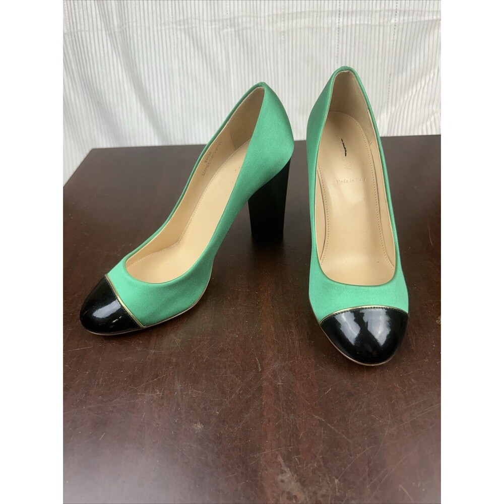 J. CREW Green Satin Black Patent Cap Round Toe Classic Pumps Heels sz  8.5 ITALY